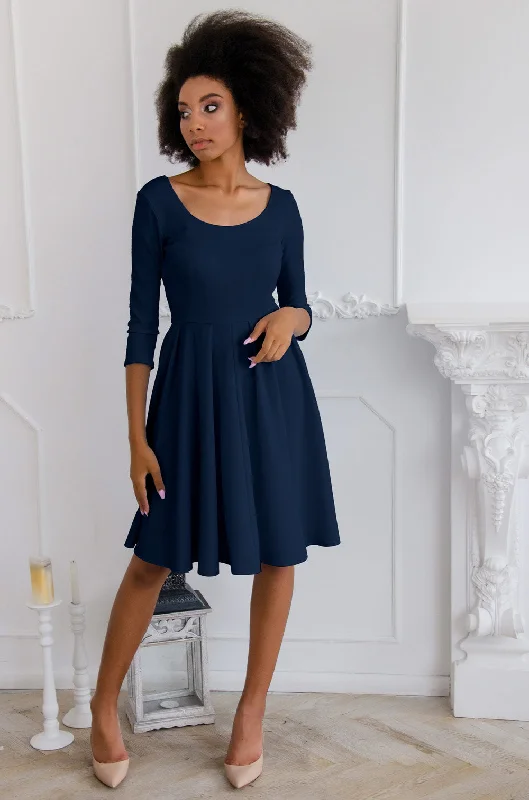 Deep Navy Blue Skater 3/4 Sleeve Flowy Easter Party Dress - Women Tunics Stylish modern Deep Navy Blue Skater 3/4 Sleeve Flowy Easter Party Dress - Women Tunics Stylish modern
