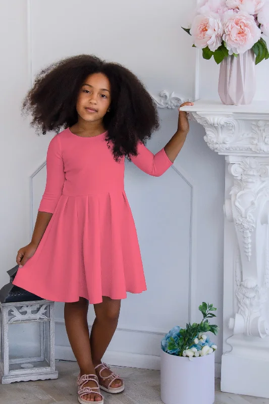 Coral Pink Skater Fit & Flare 3/4 Sleeve Easter Party Dress - Girls Tunics Sophisticated sleek Coral Pink Skater Fit & Flare 3/4 Sleeve Easter Party Dress - Girls Tunics Sophisticated sleek