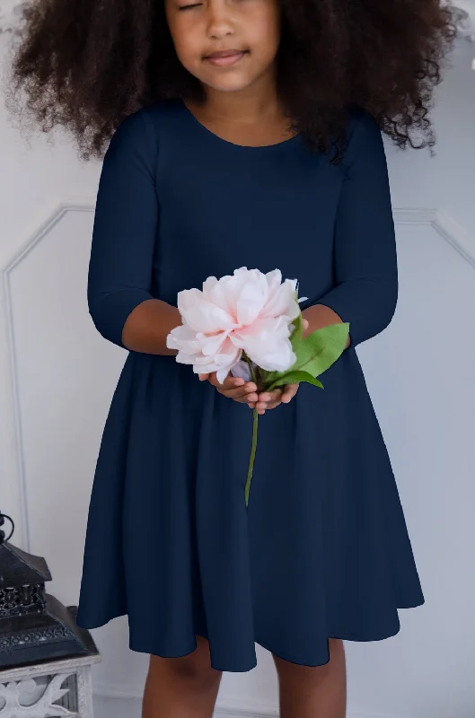Deep Navy Blue Skater Fit & Flare 3/4 Sleeve Tea Party Dress - Girls Tunics Chic elegant Deep Navy Blue Skater Fit & Flare 3/4 Sleeve Tea Party Dress - Girls Tunics Chic elegant