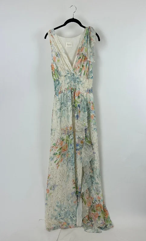 White Floral Watercolor Long Dress- Size 4/6 Maxi Flowy Bohemian