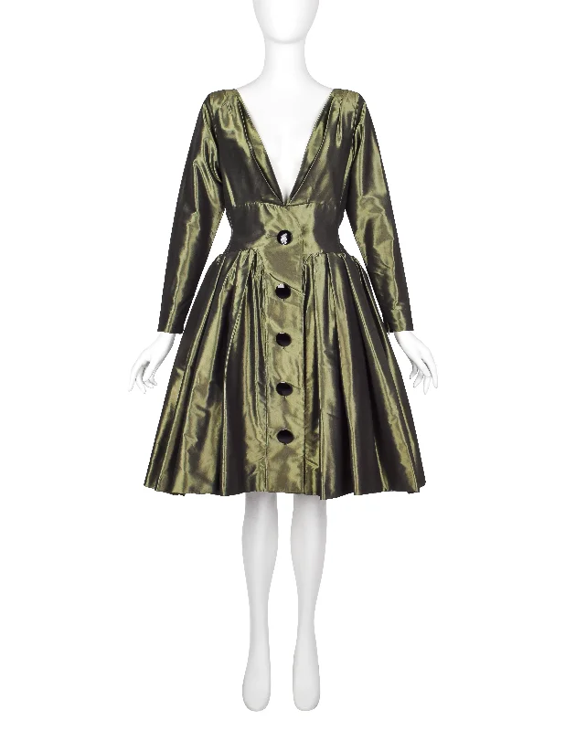 Yves Saint Laurent Vintage AW 1991 Metallic Green Silk Taffeta Plunging Party Dress Boat Neckline Classic Yves Saint Laurent Vintage AW 1991 Metallic Green Silk Taffeta Plunging Party Dress Boat Neckline Classic