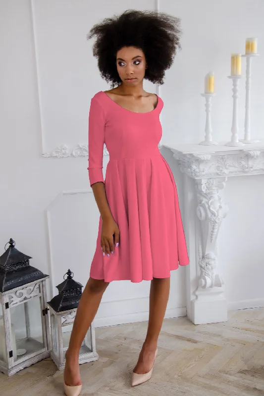 Coral Pink Skater 3/4 Sleeve Flowy Holiday Easter Party Dress - Women Tunics Luxurious high-end Coral Pink Skater 3/4 Sleeve Flowy Holiday Easter Party Dress - Women Tunics Luxurious high-end