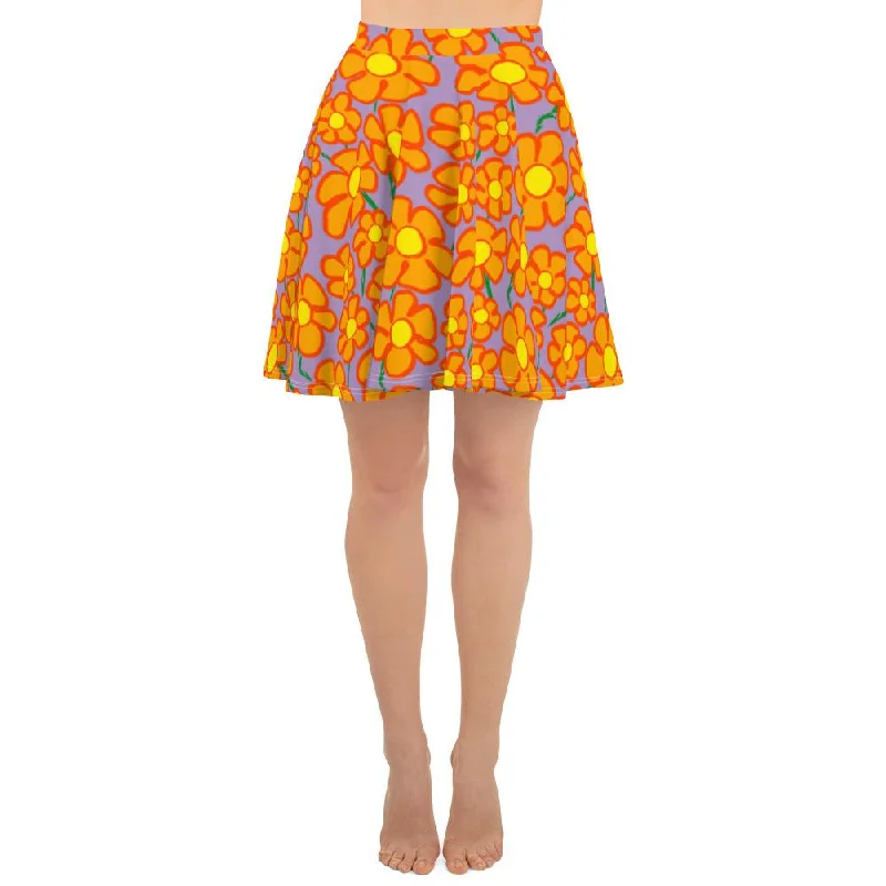 Orangeflower Pattern on Purple - AOP Skater Skirt chiffon skirt airy