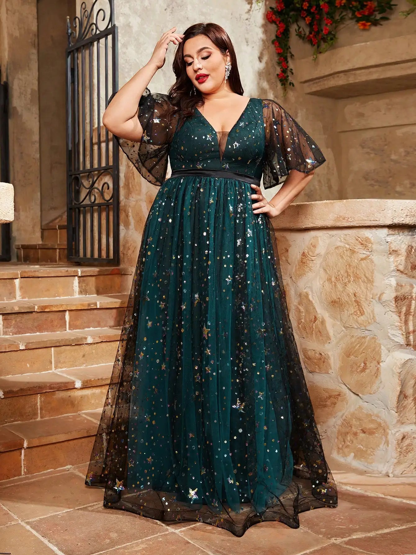 Mgiacy plus size V-neck sequin embroidered contrasting double mesh full skirt Evening summer skirt style