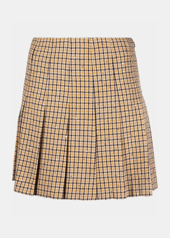 Yellow Sequin Pied De Poule Pleated Mini Skirt denim skirt fashionable